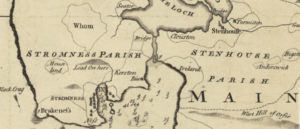 Detail from MacKenzie’ map of Orkney (1750), showing the location of Cairston (Kerston Bue), the Brig of Waith marked ‘Bridge’, an anchorage offshore denoted by an anchor symbol, and a clear strategic command over the Bay of Ireland route into the Loch of Stenness.