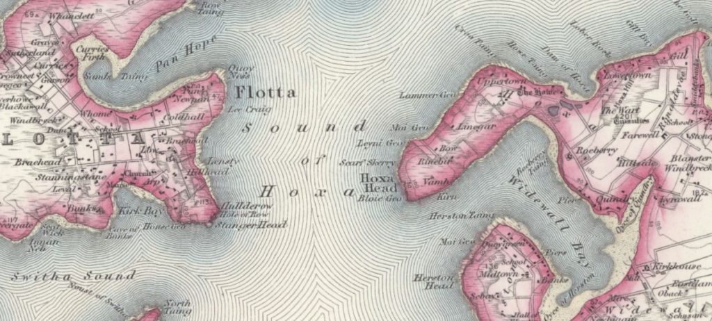 Hand coloured printed map showing a group of islands in Orkney. 