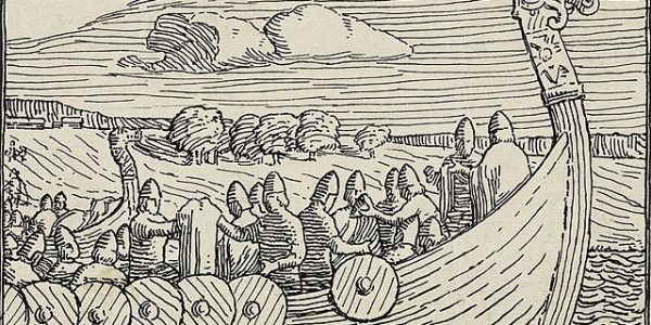 Detail from a black and white woodcut illustration showing the front half a a Viking boat full of men.