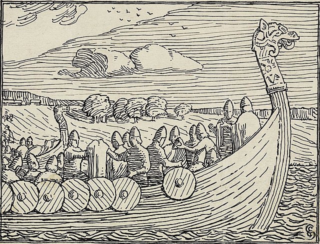 Detail from a black and white woodcut illustration showing the front half a a Viking boat full of men.