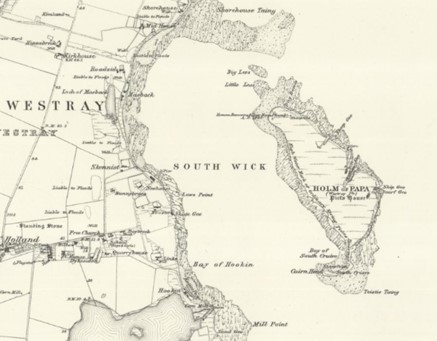 Detail from the 6” black and white Ordnance Survey map showing the Holm of Papa lying next to Papa Westray.