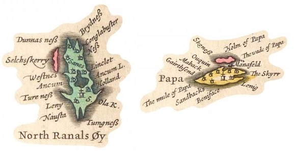 Detail from Blaeu's 1654 map of Orkney showing the islands of North Ronaldsay and Papa Westray. The map is printed in black ink and then hand-coloured. The paper has on which it is printed is sepia with age and the islands are shaded green, yellow, and pink. There are several place-names on the map.