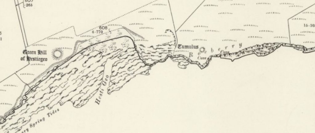 Detail from the black and white printed 25 inch map of Orkney showing the location of Roeberry along the coast of South Walls. 