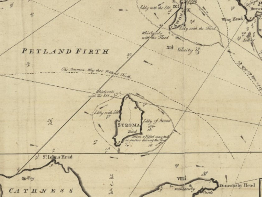 Early printed black and white (sepia) map showing the location of the island of Stroma in the Pentland Firth north of the Scottish mainland and south of the isles of Orkney.