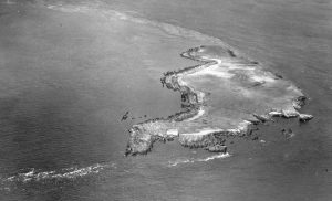 Black and white aerial photograph of the island of Swona.