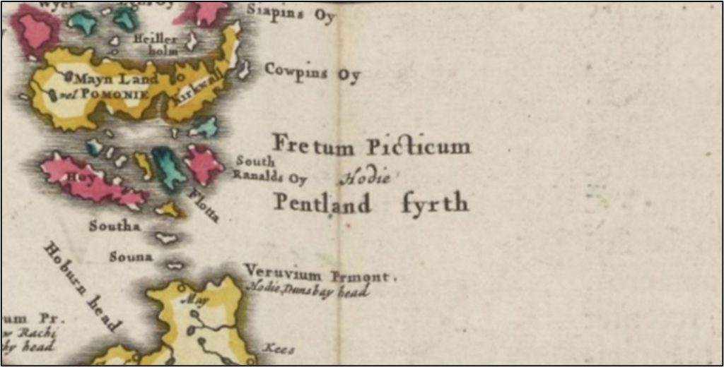 Detail from the hand-coloured 1662 map of the islands of Orkney by Robert Gordon and Joan Blaeu showing teh 'Perntalnd fyrth'. The islands are shaded in yellow, crimson and green.