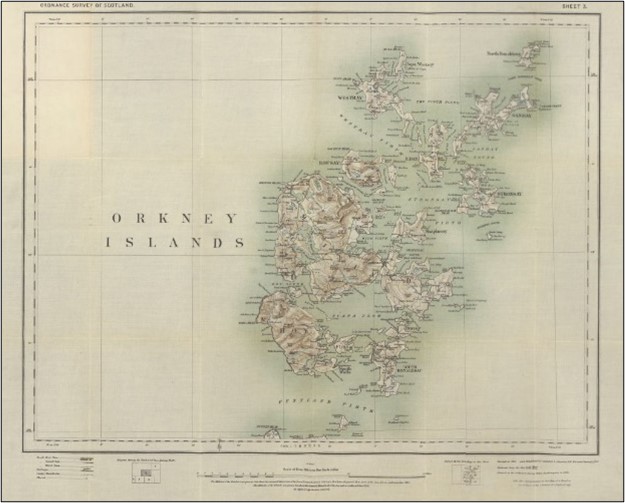 Coloured Ordnance Survey map of the islands of Orkney