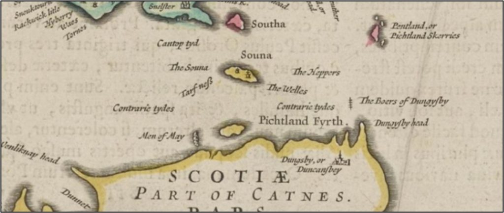 Detail from the hand-coloured 1654 map of Orkney by Willem Janszoon Blaeu and Joan Blaeu. showing the 'Pichtland Fyrth'.