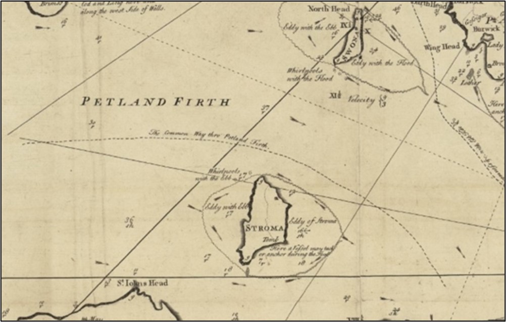 Detail from the 1750 coastal and marine map by Murdoch MacKenzie showing the 'Petland Firth'.