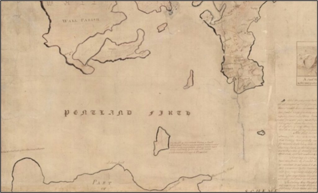 Detail from the map of the Orkney Islands produced by William Aberdeen in 1769 showing the 'Pentland Firth'.