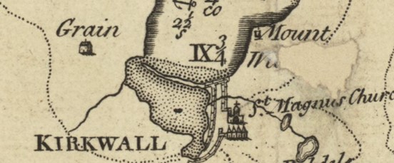 Detail from MacKenzie’s 1750 black and sepia map ‘Pomona or Mainland Orkney’ showing Kirkwall and the Peedie Sea.