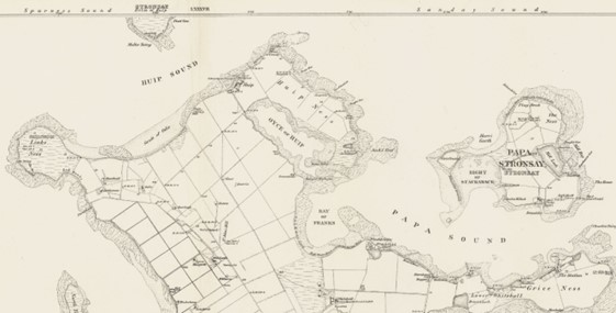 Black and white 1882 Ordnance survey map showing the north end of Stronsay.