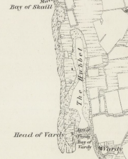 Black and white 1882 Ordnance survey map showing the Hubbert on the west side of the island of Egilsay.