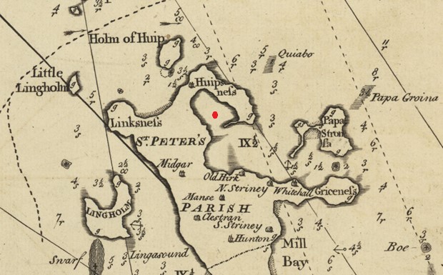 Detail from MacKenzie’s 1750 ‘North east coast of Orkney’ black and sepia map. Place-names and anchorages are marked on the map and a red dot indicates the place Oyce of Huip.