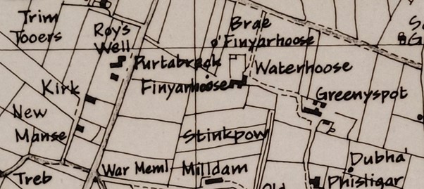 Detail from the map drawn by Karl Cooper, ‘Place-Name Survey, The Island of North Ronaldsay, Orkney’ c.1983, showing ‘Finyarhoose’ and the ‘Brae o’ Finyarhoose’. The map is black and white, hand-drawn and then printed, and show a number of other places. This extract shows Trim Tooers, Kirk, New Manse, Treb, Roy's Well, Purtabreck, Waterhoose, Stinkpow, Mill dam, Greenyspot, Dubha', Phisligar, and War Meml.