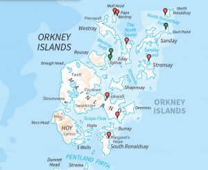 Colour map of Papar names (marked with a red icon) distributed across the Orkney archipelago, and with potential ecclesiastic Gaelic-Old Norse names (marked in green). Egilsay, Kili Holm, and Kirk and Kill o’Howe.