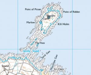 Colour map of the island of Kili Holm, showing how it is connected to the north of Egilsay by Smithy Sound.