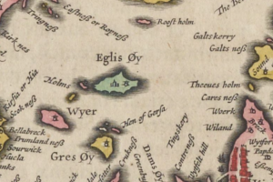 Hand coloured map of the islands of Egilsay (spelled Egils Øy', Wyre (spelled Wyer) and Gressay (spelled Gres Øy). The islands are shaded green, read, and yellow, and small drawings of buildings are included. Other place-names of places are written on to the map too.