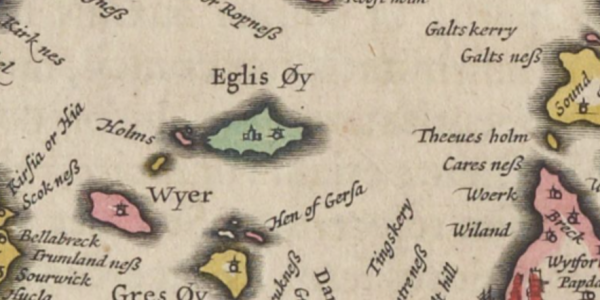 Hand coloured map of the islands of Egilsay (spelled Egils Øy', Wyre (spelled Wyer) and Gressay (spelled Gres Øy). The islands are shaded green, read, and yellow, and small drawings of buildings are included. Other place-names of places are written on to the map too.