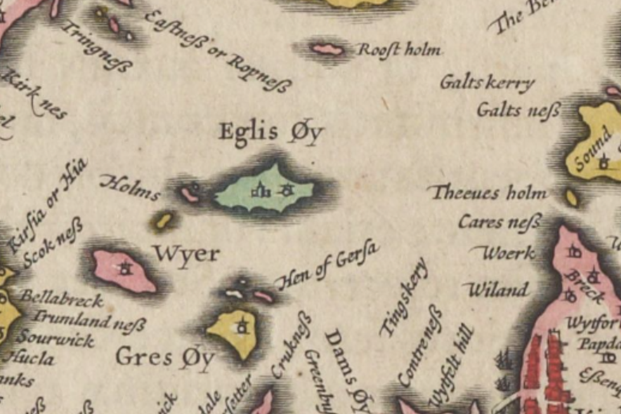 Hand coloured map of the islands of Egilsay (spelled Egils Øy', Wyre (spelled Wyer) and Gressay (spelled Gres Øy). The islands are shaded green, read, and yellow, and small drawings of buildings are included. Other place-names of places are written on to the map too.