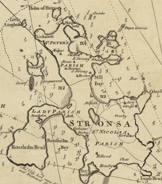 Black and white map of the island of Stronsay. The island is arguably start-shaped.