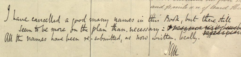 Detail from the manuscript name book for Fair Isle. The excerpt reads, ‘I have cancelled a good many names on this Book, but there still seem to be more on the plan than necessary’.