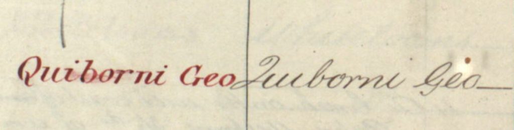 Detail from the manuscript name book covering Papa Westray showing ‘Quiborni Geo’.