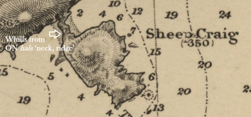 Detail from the 1895 Hydrographic Office admiralty chart for Fair Isle showing Sheep Craig and the narrow neck of land between it and the island.