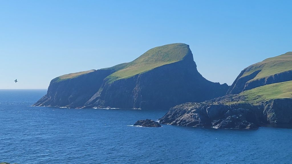 Colour photograph of Sheep Craig, with narrow neck of land called Whills joining it to the main island. Sheep Craig is a chair-shaped cliff-edged feature with a grassy top.