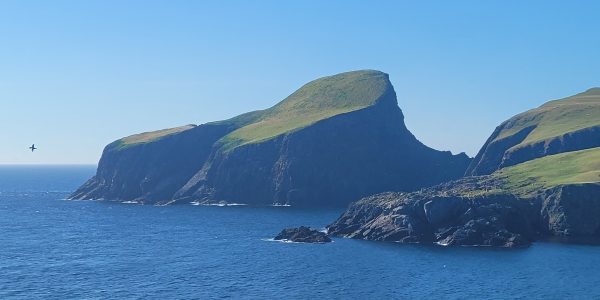 Colour photograph of Sheep Craig, with narrow neck of land called Whills joining it to the main island. Sheep Craig is a chair-shaped cliff-edged feature with a grassy top.