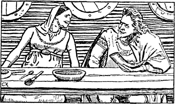 Black and white print of a well-dressed man and woman sat talking at a feasting table.