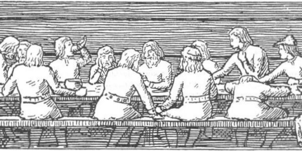 Black and white woodcut print showing a drinking hall scene with men sat around a long table.