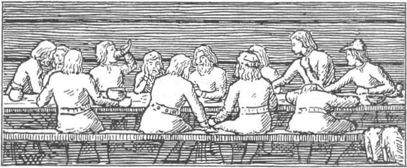 Black and white woodcut print showing a drinking hall scene with men sat around a long table.