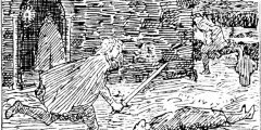 Black and white woodcut print showing a man running with sword outstretched on front of a stone building. A body lies on the ground.