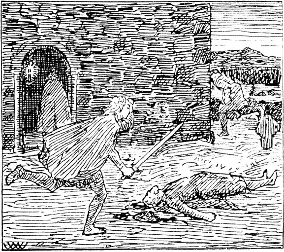 Black and white woodcut print showing a man running with sword outstretched on front of a stone building. A body lies on the ground.