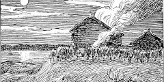 Black and white woodcut print of a nighttime scene showing a crowd of men surrounding a burning cabin. Smoke billows from the roof.