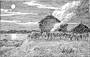 Black and white woodcut print of a nighttime scene showing a crowd of men surrounding a burning cabin. Smoke billows from the roof.