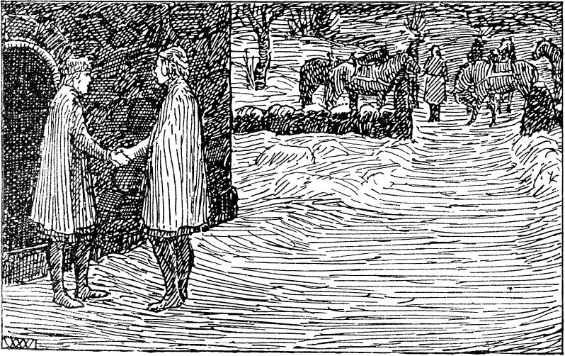 Black and white woodcut print showing two men greeting each other with a handshake in front of a building. Horses and people can be seen in the background.