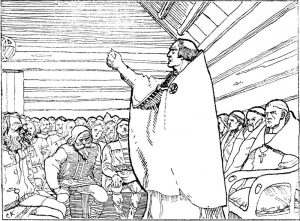 Black and white print showing a religious figure preaching to a room full of people in a wooden building.