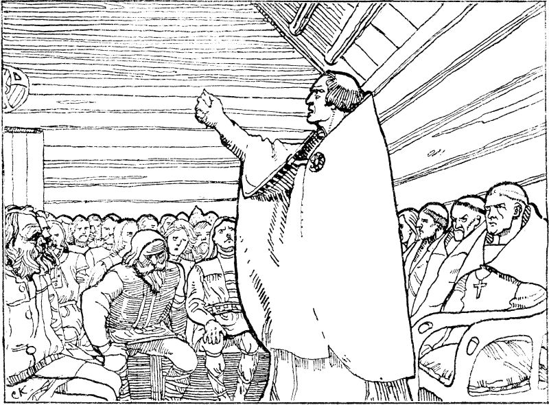 Black and white print showing a religious figure preaching to a room full of people in a wooden building.