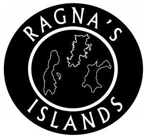 The Ragna's Islands logo which is a black circle with the project name, and an in inner circle with the outlines of the three project islands, Papa Westray, North Ronaldsay and Fair Isle.