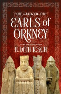 Cover of the new translation of The Saga of the Earls of Orkney by Judith Jesch. The cover is an orangey-red colour with white text and features the Lewis Chessmen.