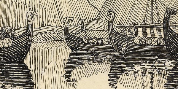 Black and white woodcut print of Viking ships in calm waters surrounded by hills.