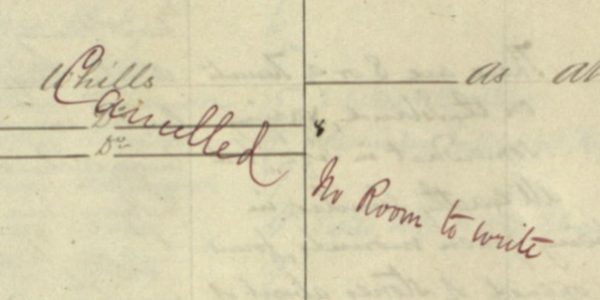 Detail from the manuscript name book for Fair Isle. The excerpt reads, ‘Cancelled No Room to write’ written in red ink across the place-name 'Whills'.