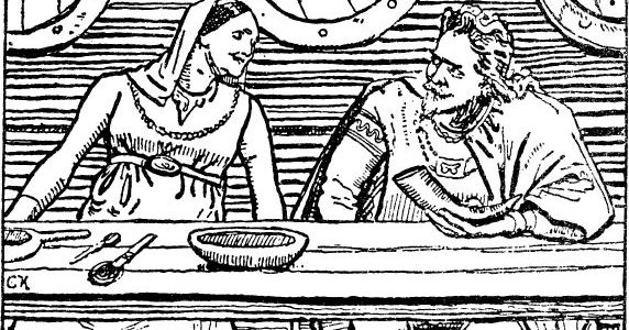 Black and white print of a well-dressed man and woman sat talking at a feasting table.