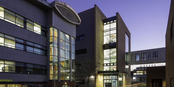 Exterior view of the Biodiscovery Institute at dusk