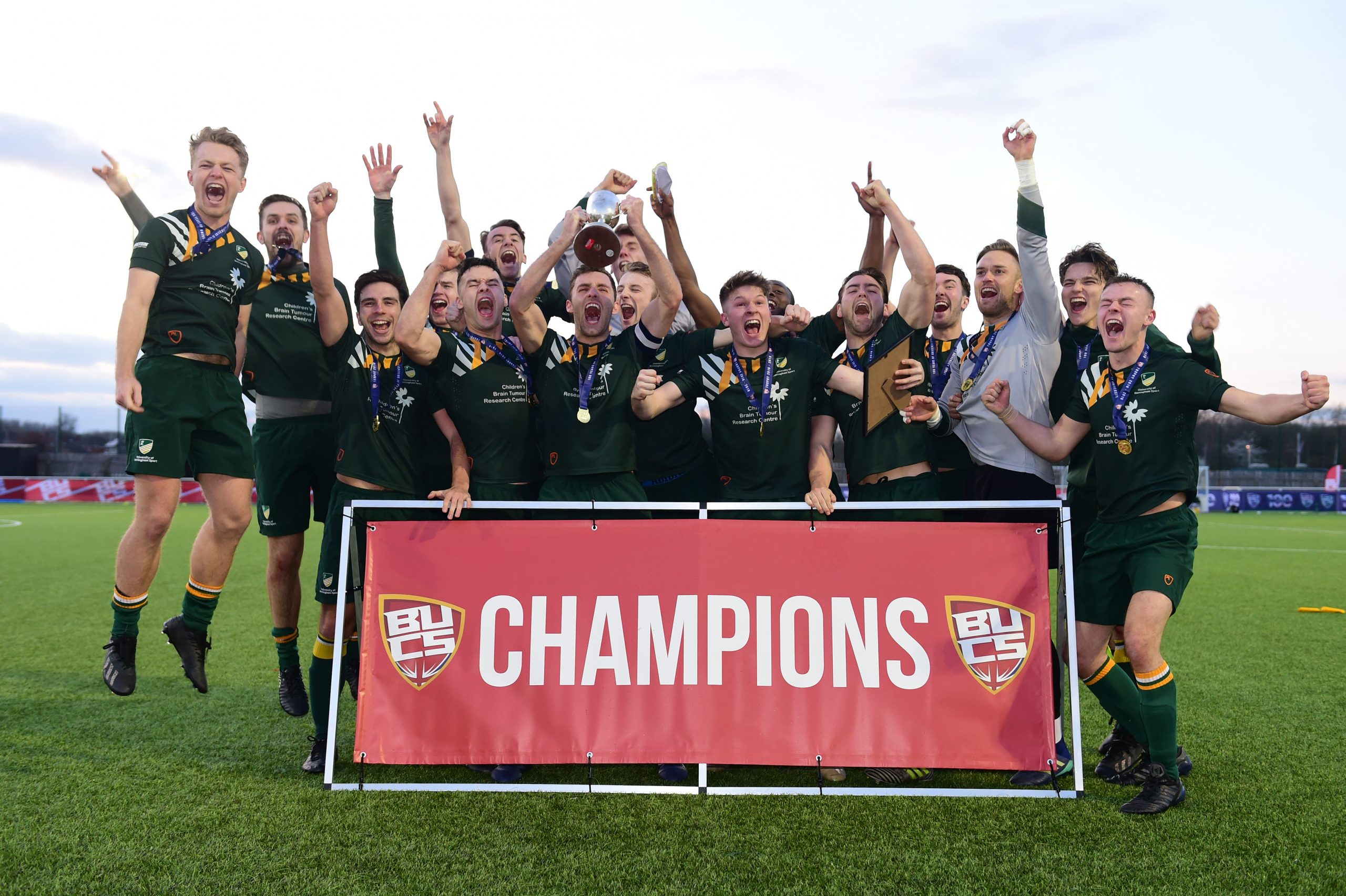 The University of Nottingham Football Club celebrate their BUCS Trophy win in 2018
