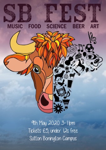 The poster for Sutton Bonington fest 2020, featuring an illustration of a cow's head made up of symbols representing 'SB'