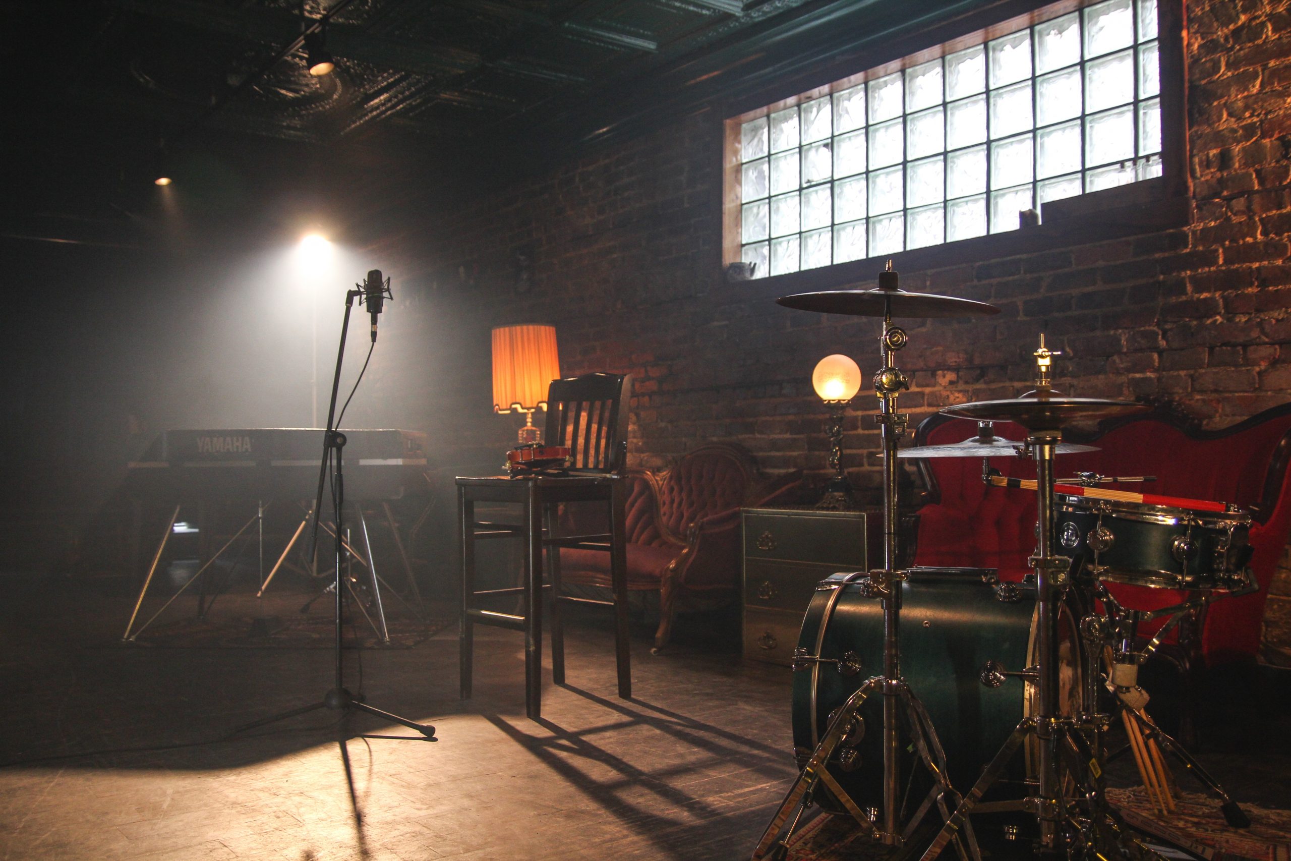 A music studio in low light