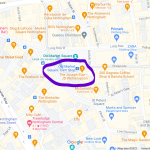 Google Maps screenshot, showing part of Nottingham City Centre, with the tram stops for Old Market Square and Lace Market circled in purple. Shops and pubs can be seen all around the tram stops.